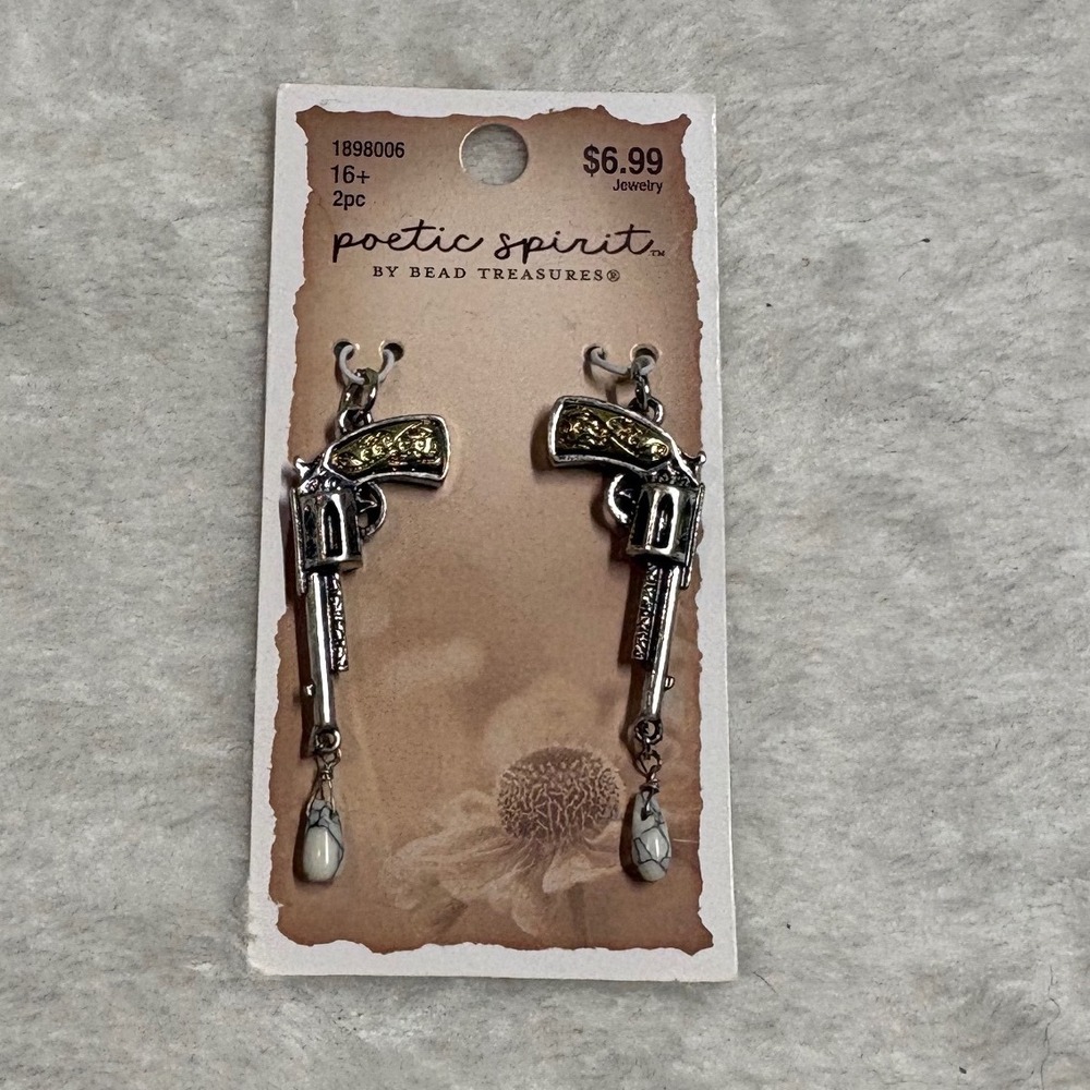 Poetic Spirit Revolver Pistol Stone Silver Western Dangle Drop Charm Jewelry